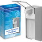 A hygienic soap and disinfectant dispenser made of aluminum by ARNOWA GmbH, shown next to its blue-white packaging with product details in German. Model: ARNOMED DISPENSER, suitable for Euro bottles (1000 ml).