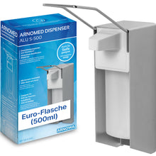 The ARNOMED DISPENSER manual soap and disinfectant dispenser made of aluminum by ARNOWA GmbH features a long lever and is depicted next to its blue-white packaging with the inscription "Euro Bottle (500ml)". Ideal for hygienic soap or disinfectant dispensers.