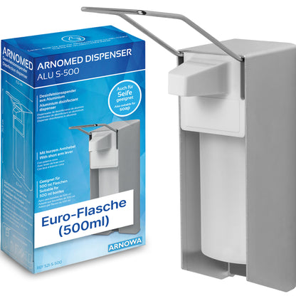 The ARNOMED DISPENSER manual soap and disinfectant dispenser made of aluminum by ARNOWA GmbH features a long lever and is depicted next to its blue-white packaging with the inscription "Euro Bottle (500ml)". Ideal for hygienic soap or disinfectant dispensers.