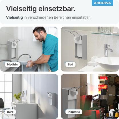 A collage shows the ARNOMED DISPENSER by ARNOWA GmbH in four environments - clinic, bathroom, office, and industry - demonstrating the versatile applications of this hygienic manual soap and disinfectant dispenser made of aluminum.