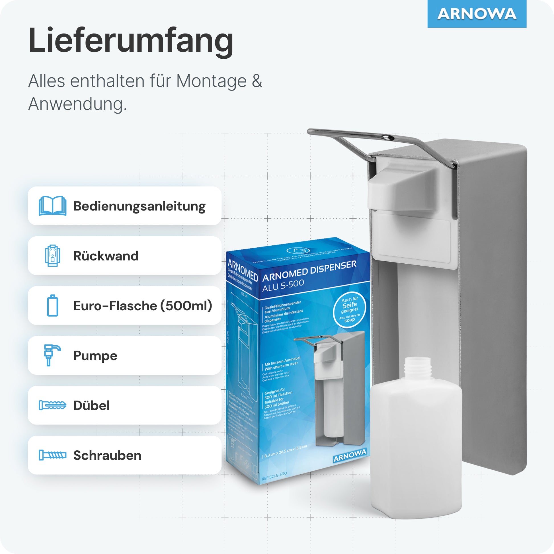 The ARNOMED DISPENSER by ARNOWA GmbH - a manual soap and disinfectant dispenser set made of aluminum with pump, screws, dowels, back wall, and 500 ml Euro bottle - is depicted in packaging on a light background with labeled symbols.