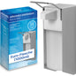 A silver ARNOMED DISPENSER made of aluminum by ARNOWA GmbH stands on the wall next to the blue box with the inscription "Euro Bottle (1000ml)" - a hygienic, manual soap and disinfectant dispenser.