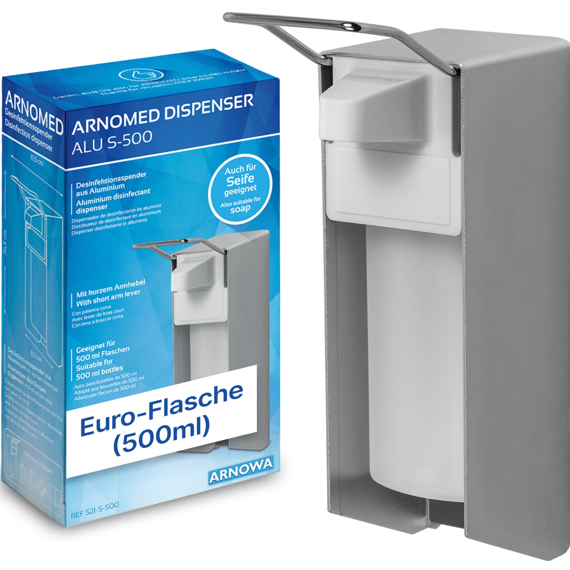 A gray ARNOMED DISPENSER manual soap and disinfectant dispenser made of aluminum by ARNOWA GmbH is mounted on the wall next to its blue-white sales box, suitable for 500ml Euro bottles.