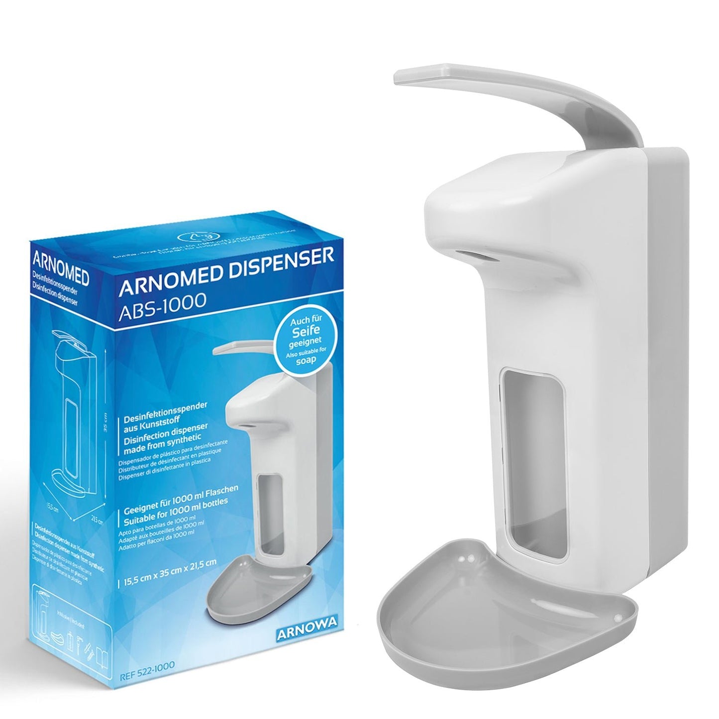 A white-gray ARNOMED DISPENSER ABS manual soap and disinfectant dispenser made of ABS plastic by ARNOWA GmbH stands with a lever and drip tray next to its blue-white packaging with product details in German.