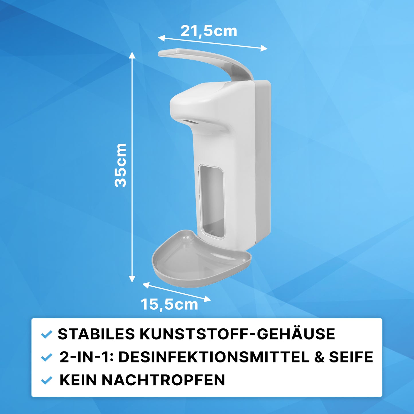 The ARNOMED DISPENSER ABS by ARNOWA GmbH, a manual soap and disinfectant dispenser made of ABS plastic (35x21.5x15.5 cm), is presented against a blue background; German texts emphasize its advantages.