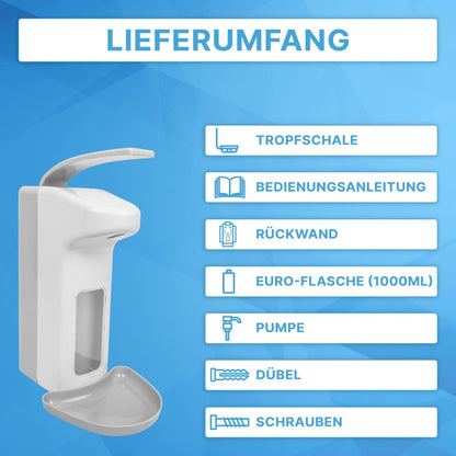 Next to the image of the white ARNOMED DISPENSER ABS Manual Soap and Disinfectant Dispenser by ARNOWA GmbH, the following items are included: drip tray, user manual, back wall, 1000ml Euro bottle, pump, dowels, and screws.
