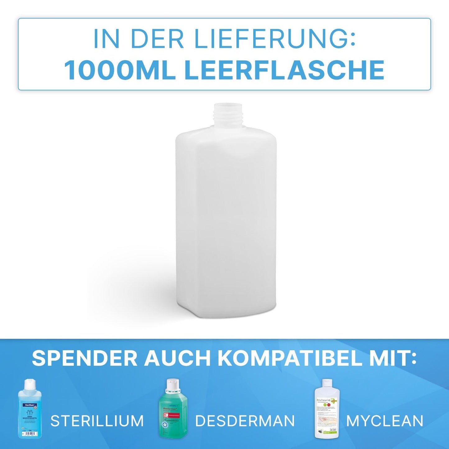 Pictured is a white, empty 1000ml bottle made of ABS plastic by ARNOWA GmbH, suitable for ARNOMED DISPENSER ABS Manual Soap and Disinfectant Dispenser; symbols below show compatibility with three dispenser models.