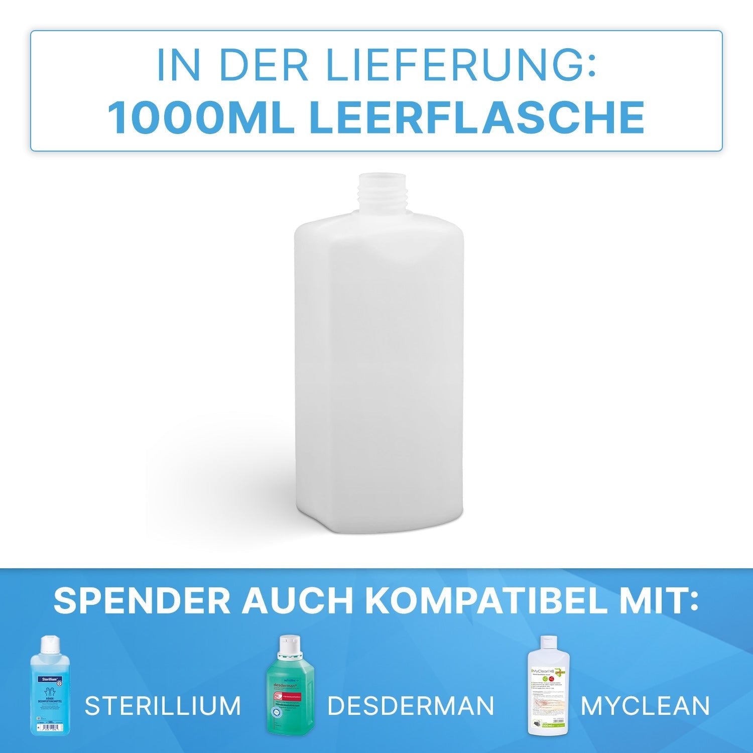 Pictured is a white, empty 1000ml bottle made of ABS plastic by ARNOWA GmbH, suitable for ARNOMED DISPENSER ABS Manual Soap and Disinfectant Dispenser; symbols below show compatibility with three dispenser models.