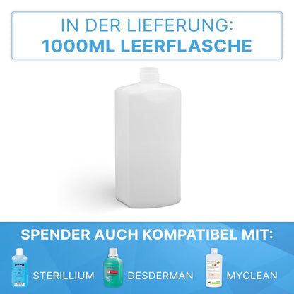 Pictured is a white, empty 1000ml bottle made of ABS plastic by ARNOWA GmbH, suitable for ARNOMED DISPENSER ABS Manual Soap and Disinfectant Dispenser; symbols below show compatibility with three dispenser models.