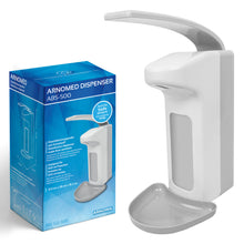 The white and gray ARNOMED DISPENSER ABS by ARNOWA GmbH made of ABS plastic with a long lever stands next to its blue packaging, which shows product information and an image of the soap and disinfectant dispenser.
