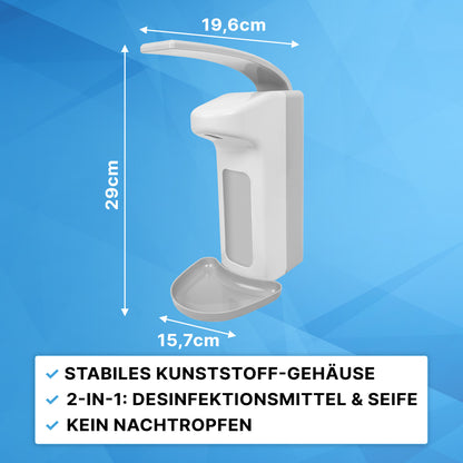 The ARNOMED DISPENSER ABS by ARNOWA GmbH made of robust ABS plastic (29 x 19.6 x 15.7 cm) is a manual soap and disinfectant dispenser with a drip-free 2-in-1 function for soap and disinfectant.
