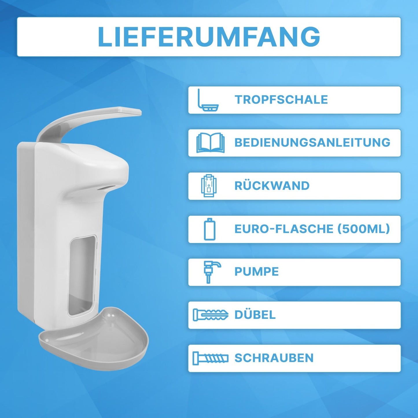 On the left is the ARNOMED DISPENSER ABS by ARNOWA GmbH, a manual soap and disinfectant dispenser made of ABS plastic with a drip tray; on the right, a checklist shows: drip tray, manual, backplate, 500ml bottle, pump, dowels, and screws.