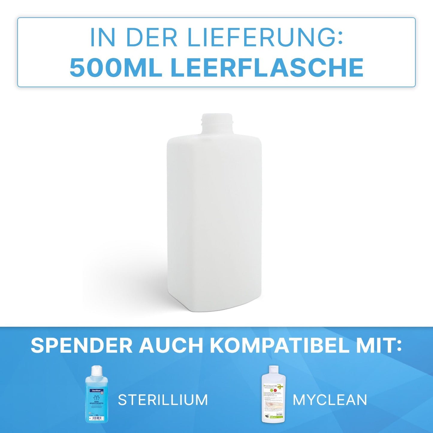 Pictured is a white 500ml ARNOMED DISPENSER ABS by ARNOWA GmbH. Above, the German text confirms that the empty bottle is included. Below, blue text indicates that this manual dispenser is suitable for Sterillium and MyClean products.