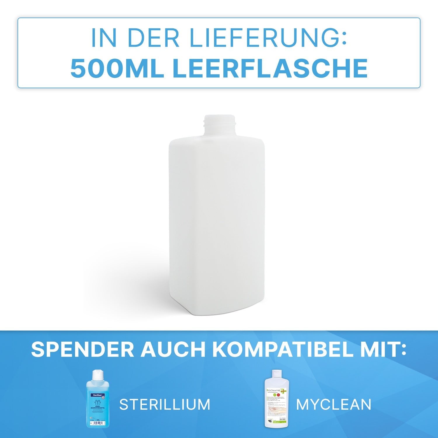 Pictured is a white 500ml ARNOMED DISPENSER ABS by ARNOWA GmbH. Above, the German text confirms that the empty bottle is included. Below, blue text indicates that this manual dispenser is suitable for Sterillium and MyClean products.
