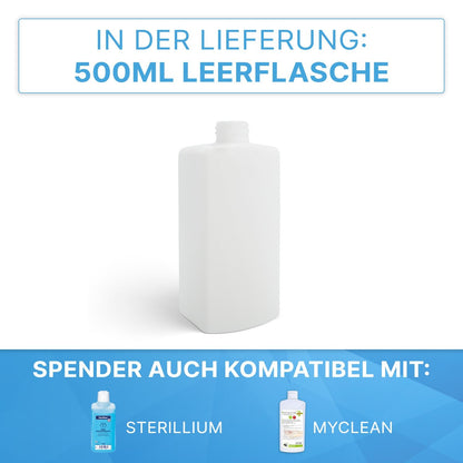 Pictured is a white 500ml ARNOMED DISPENSER ABS by ARNOWA GmbH. Above, the German text confirms that the empty bottle is included. Below, blue text indicates that this manual dispenser is suitable for Sterillium and MyClean products.