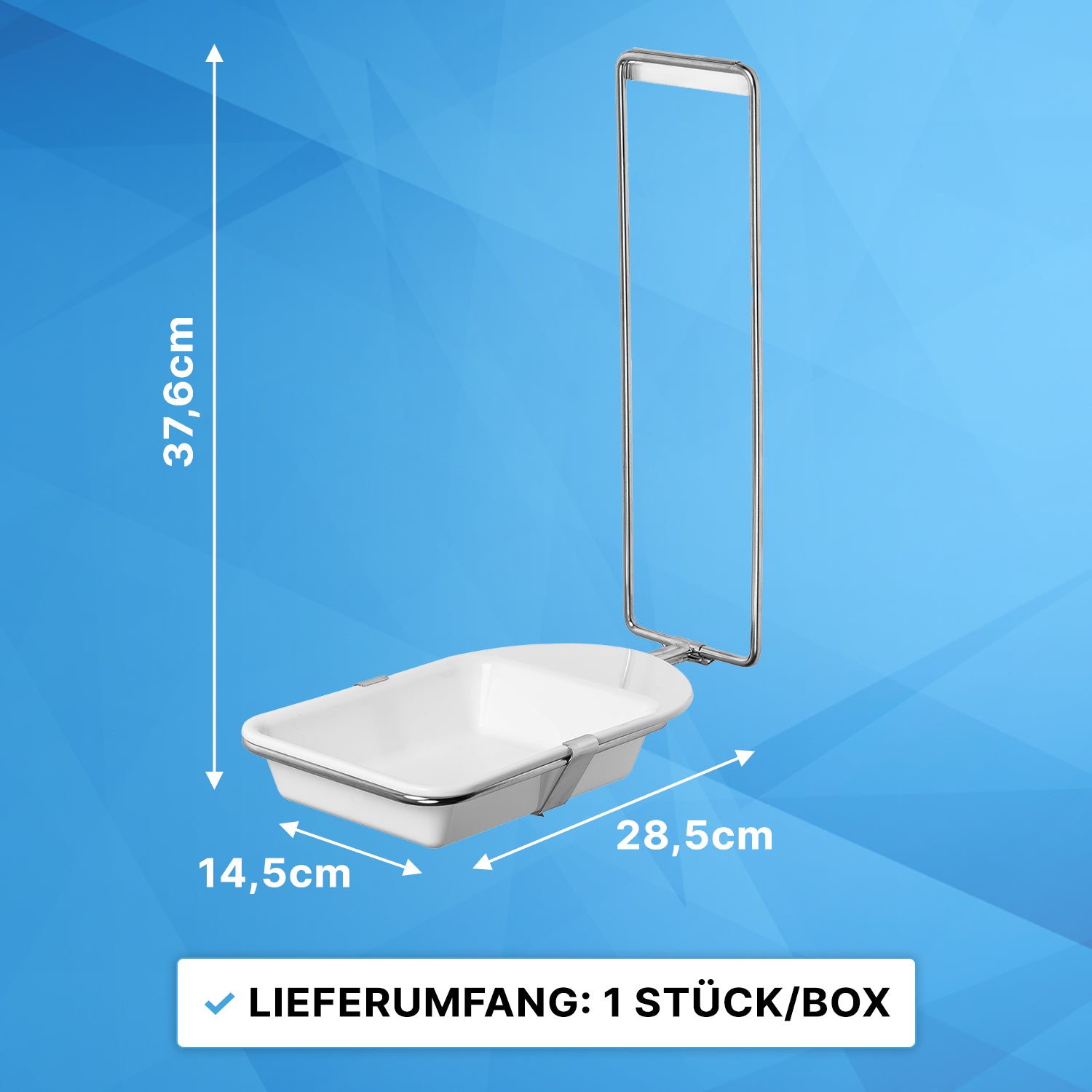 Rectangular white ARNOMED DISPENSER DRIP TRAY by ARNOWA GmbH, 37.6 cm high, 14.5 cm wide, 28.5 cm long, mounted on a metal frame; text below: "Contents: 1 piece/box." Blue geometric background.