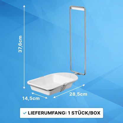 Rectangular white ARNOMED DISPENSER DRIP TRAY by ARNOWA GmbH, 37.6 cm high, 14.5 cm wide, 28.5 cm long, mounted on a metal frame; text below: "Contents: 1 piece/box." Blue geometric background.