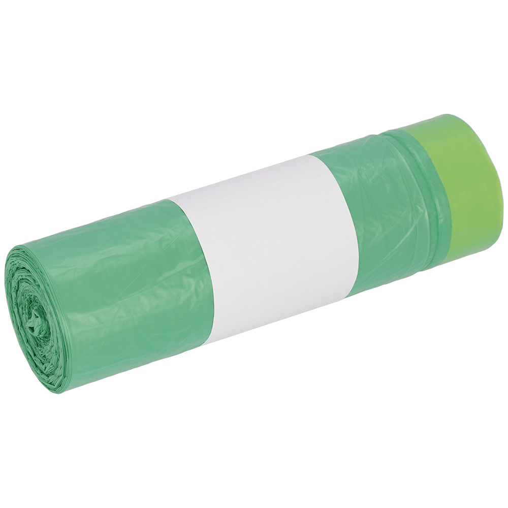 Pictured is a roll of DEISS 52801 green garbage bags (20 pieces) from EMIL DEISS KG (GmbH + Co.) with a white blank label in the middle on a white background.