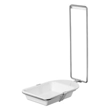 The ARNOMED DISPENSER DRIP TRAY by ARNOWA GmbH is a white, rectangular drip tray with raised edges, attached to a foldable metal frame and stands upright. Ideal as a catch tray for ARNOMED soap and disinfectant dispensers.