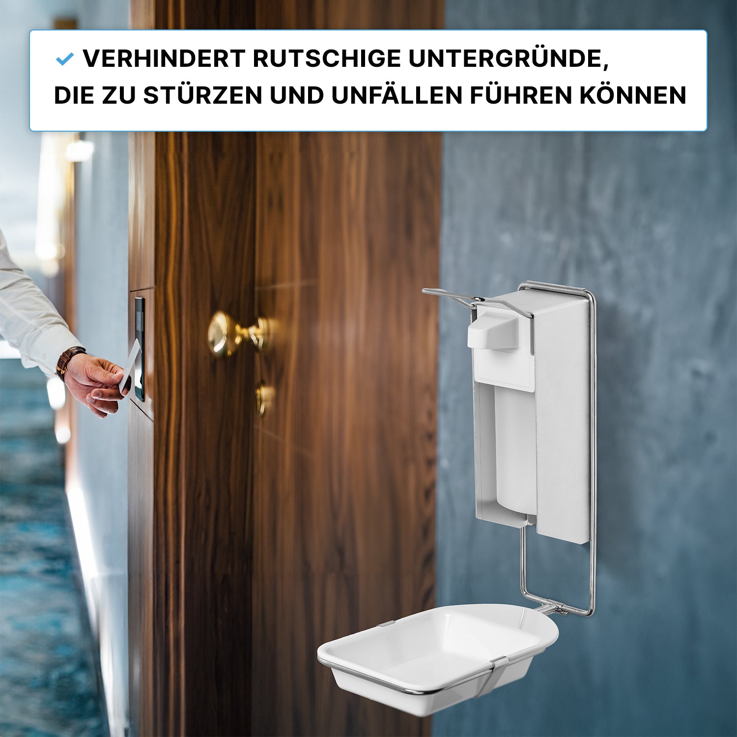 A person uses a key card at a wooden door; in the foreground, an ARNOMED DISPENSER DRIP TRAY by ARNOWA GmbH for soap and disinfectant dispensers is visible. A text box reads: "Prevents slippery surfaces and accidents."