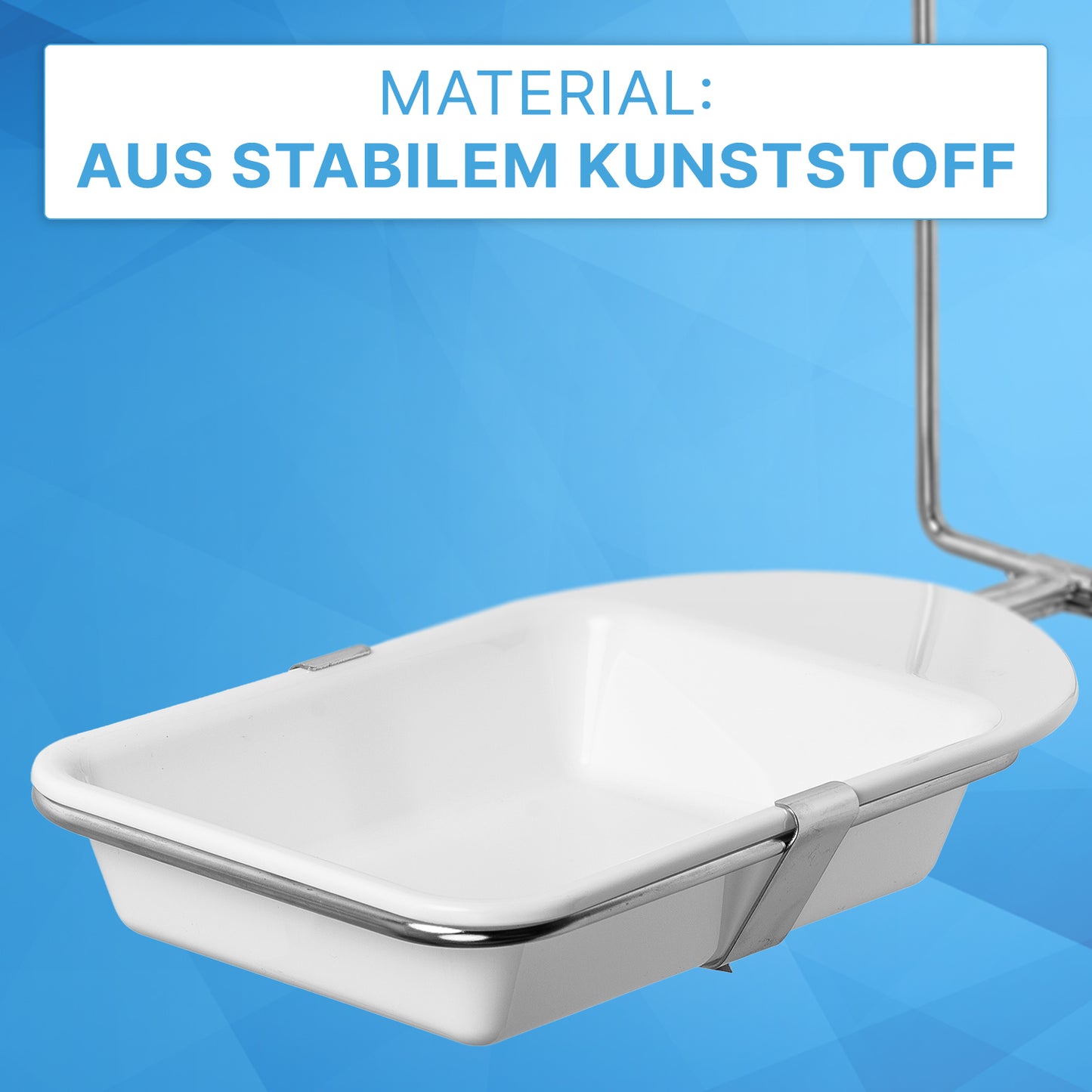 Pictured is a white rectangular plastic ARNOMED DISPENSER DRIP TRAY by ARNOWA GmbH with metal edges and handle against a blue background. The text reads "Material: Made of durable plastic." Ideal for your soap and disinfectant dispenser.