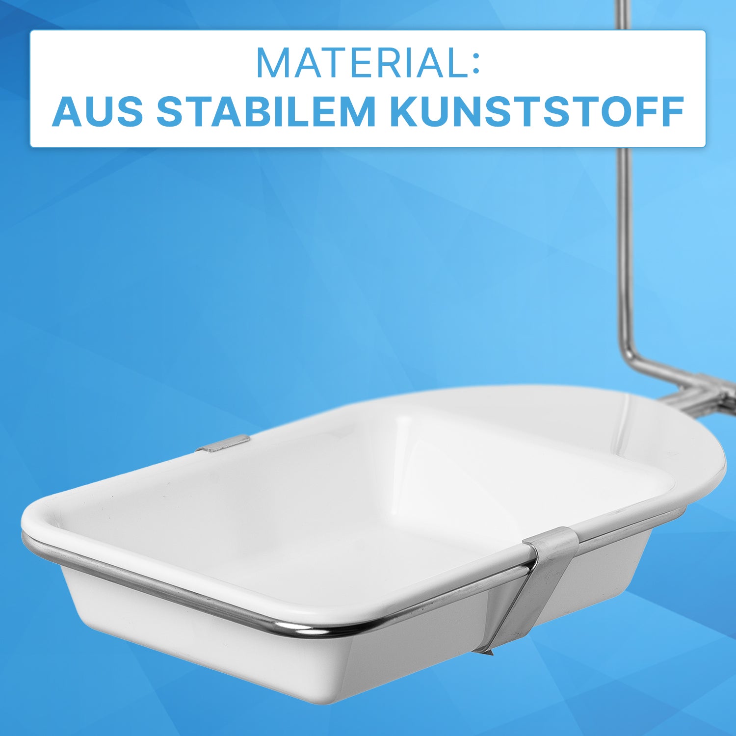 Pictured is a white rectangular plastic ARNOMED DISPENSER DRIP TRAY by ARNOWA GmbH with metal edges and handle against a blue background. The text reads "Material: Made of durable plastic." Ideal for your soap and disinfectant dispenser.
