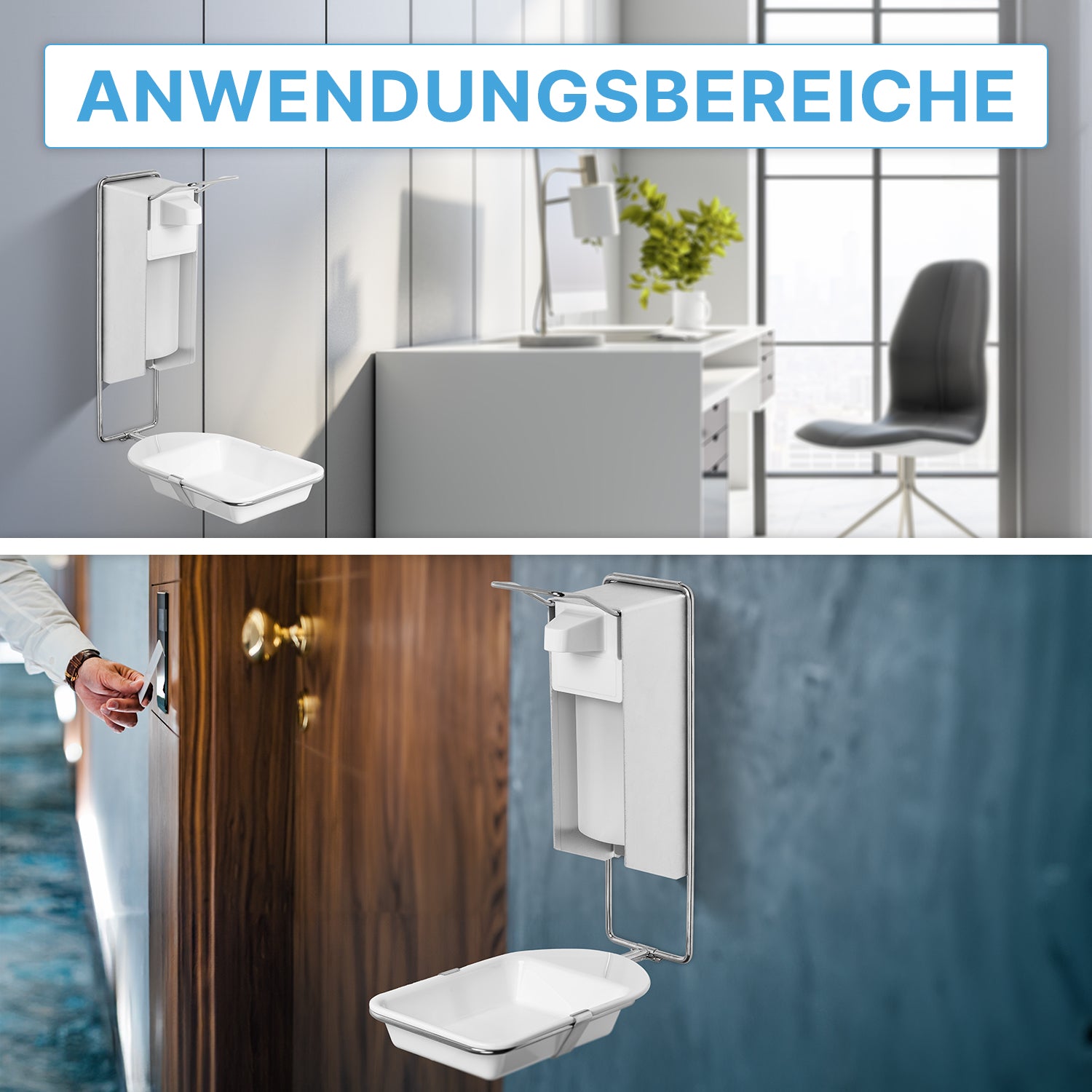 The ARNOMED DISPENSER DRIP TRAY, a drip tray for the soap and disinfectant dispensers by ARNOWA GmbH, is mounted on a wall in an office and at an entrance where it is used. Above it says "APPLICATION AREAS."