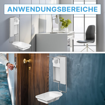 The ARNOMED DISPENSER DRIP TRAY, a drip tray for the soap and disinfectant dispensers by ARNOWA GmbH, is mounted on a wall in an office and at an entrance where it is used. Above it says "APPLICATION AREAS."