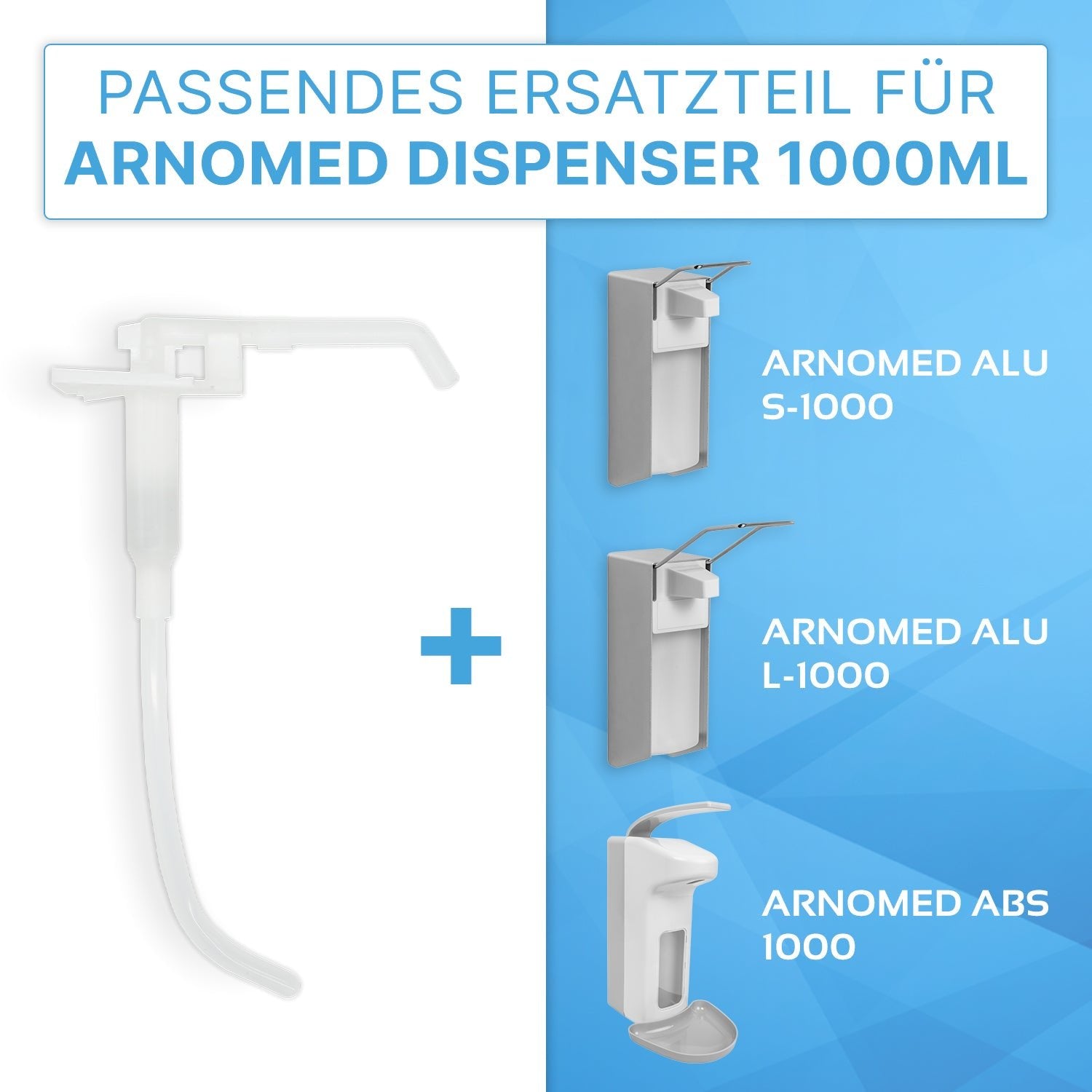 On the left is the white, transparent ARNOMED DISPENSER DOSING PUMP replacement pump from ARNOWA GmbH, with text and symbols indicating compatibility with 1000ml ARNOMED dispensers; on the right, three matching dispenser images are shown on a blue background.