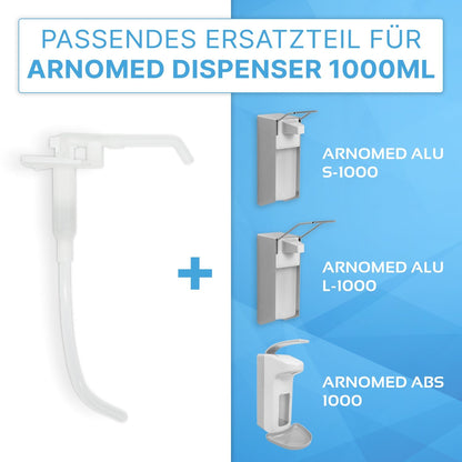 On the left is the white, transparent ARNOMED DISPENSER DOSING PUMP replacement pump from ARNOWA GmbH, with text and symbols indicating compatibility with 1000ml ARNOMED dispensers; on the right, three matching dispenser images are shown on a blue background.