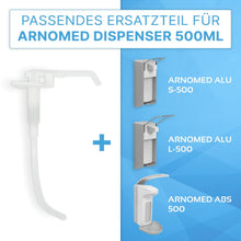 On the left is a transparent white ARNOMED DISPENSER DOSING PUMP replacement pump for soap and disinfectant dispensers from ARNOWA GmbH, on the right the models Arnomed Alu S-500, L-500 and ABS 500 dosing pumps are depicted.