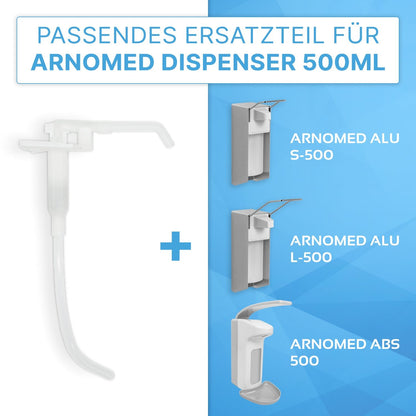 On the left is a transparent white ARNOMED DISPENSER DOSING PUMP replacement pump for soap and disinfectant dispensers from ARNOWA GmbH, on the right the models Arnomed Alu S-500, L-500 and ABS 500 dosing pumps are depicted.