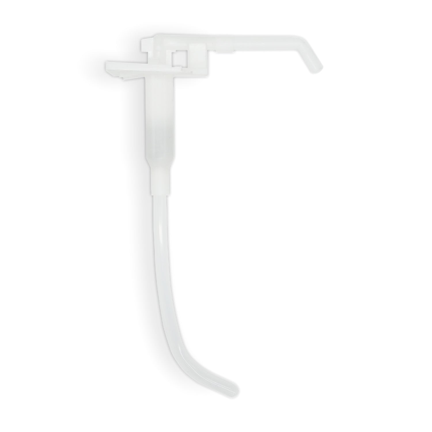 The ARNOMED DISPENSER DOSING PUMP replacement pump from ARNOWA GmbH is a transparent white replacement pump for soap and disinfectant dispensers with a long, curved tube and angled spout, depicted on a plain white background.