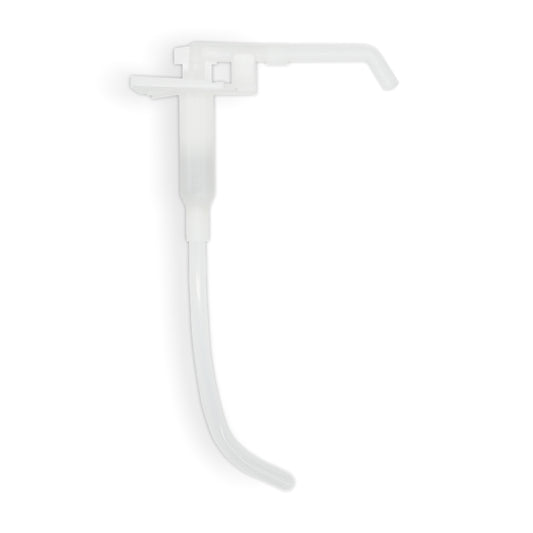 The ARNOMED DISPENSER DOSING PUMP replacement pump from ARNOWA GmbH is a transparent white replacement pump for soap and disinfectant dispensers with a long, curved tube and angled spout, depicted on a plain white background.