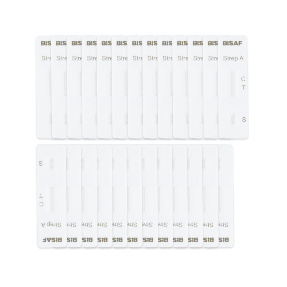 Eighteen white "Strep A - Bisaf Professional 25 Tests" kits from Altruan are arranged in two rows on a white background. Each test has C, T, and S markers for detecting Group A streptococci from a throat swab.