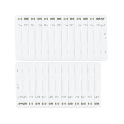 Eighteen white "Strep A - Bisaf Professional 25 Tests" kits from Altruan are arranged in two rows on a white background. Each test has C, T, and S markers for detecting Group A streptococci from a throat swab.