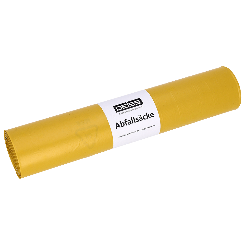 Pictured is a roll of yellow DEISS garbage bags Type 20 (575x1000 mm, 70 l, HDPE) from EMIL DEISS KG (GmbH + Co.) on a plain white background, with the white label visible.
