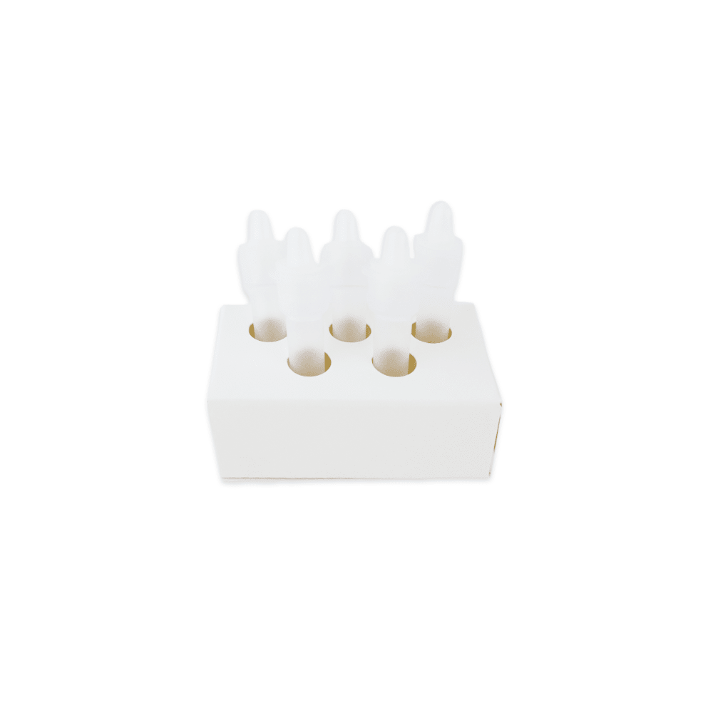 A white, rectangular holder with six holes contains four transparent dropper bottles from the Altruan Strep A - Bisaf Professional 25 Tests | Pack (25 pieces) kit, shown against a plain white background.