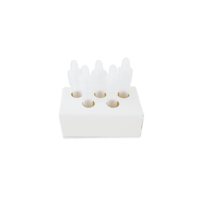 A white, rectangular holder with six holes contains four transparent dropper bottles from the Altruan Strep A - Bisaf Professional 25 Tests | Pack (25 pieces) kit, shown against a plain white background.