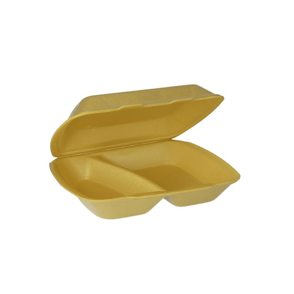 The Starpak menu boxes XPS 2-compartment have a yellow polystyrene clamshell design with a hinged lid that reveals two compartments. These menu boxes are ideal for take-out sales and offer convenience and reliability for meals to go.