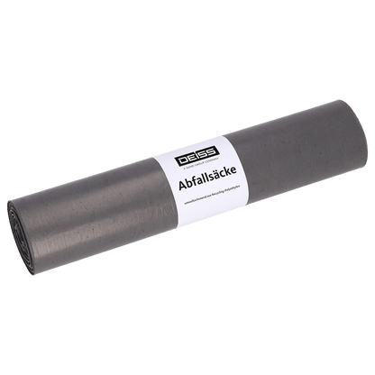 Pictured is a rolled package of EMIL DEISS KG (GmbH + Co.) DEISS garbage bags Type 20, 575x1000 mm, 70 l, made of HDPE with a "DEISS Garbage Bags" label on a plain white background - ideal HDPE bags for your waste needs.