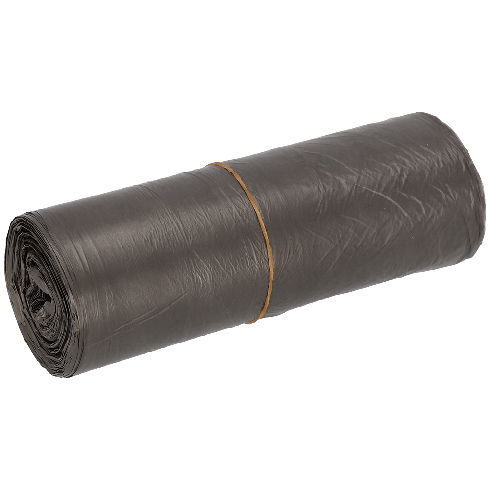 A roll of EMIL DEISS KG (GmbH + Co.) DEISS 54095 gray trash bags (500x580 mm, 50 pieces), secured with a brown rubber band, is shown against a solid white background.