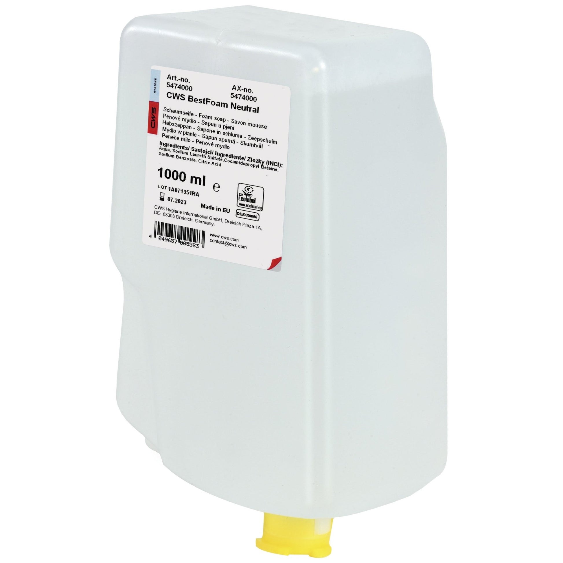 A rectangular, transparent plastic container with a yellow spout dispenses CWS BestFoam Neutral soap foam. The white label with the inscription "CWS BestFoam 1000 ml" indicates the mild formula for daily hand hygiene.