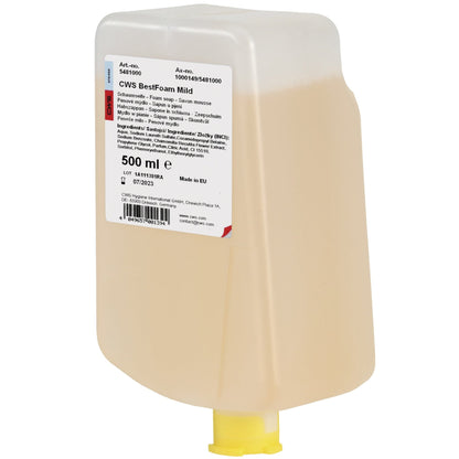Rectangular plastic dispenser with 500 ml CWS soap foam BestFoam Mild, ideal for sensitive skin, with bottom outlet and white, multilingual label. Ideal for daily hand hygiene. Brand: CWS.