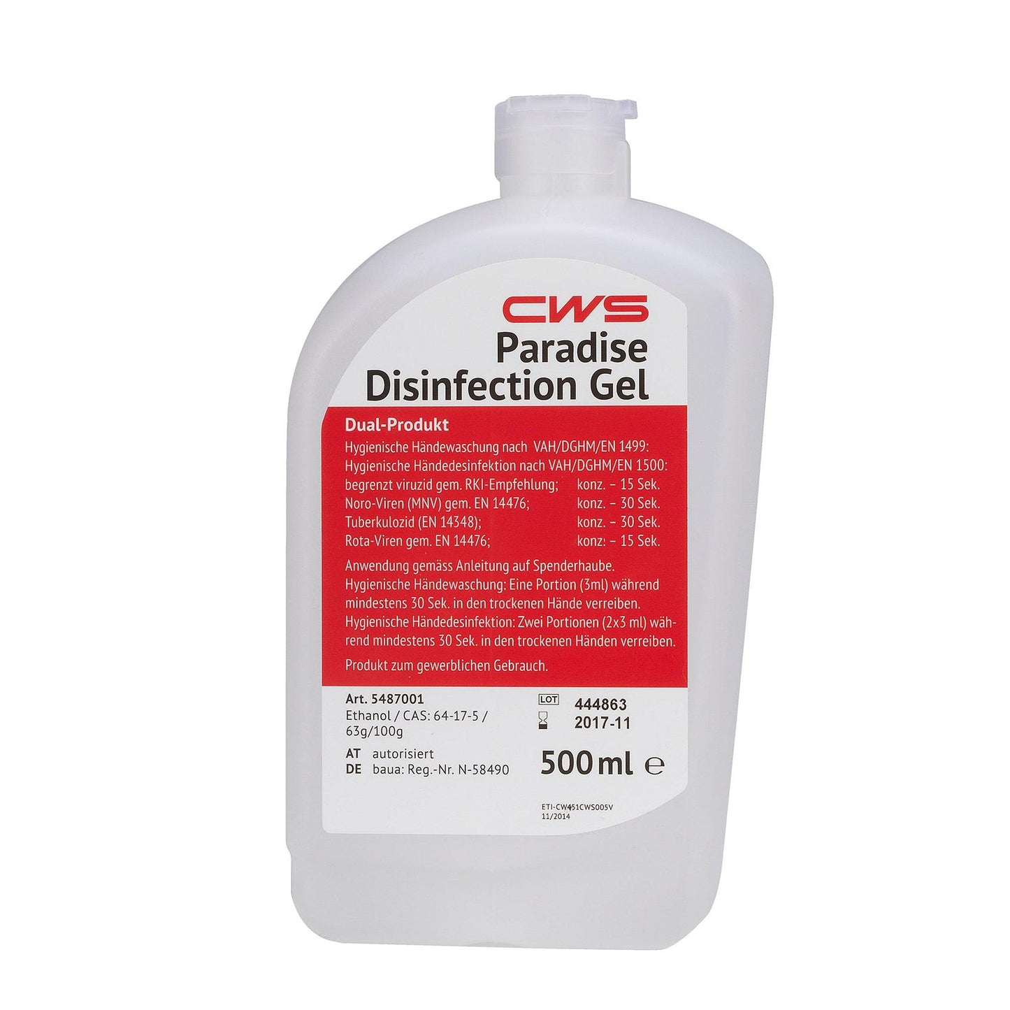 White 500-ml plastic bottle of CWS disinfectant gel for PL Disinfect NT with red label and German text for daily hand hygiene, with product information and instructions. Brand: CWS.