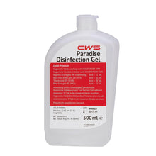 White 500-ml plastic bottle of CWS disinfectant gel for PL Disinfect NT with red label and German text for daily hand hygiene, with product information and instructions. Brand: CWS.