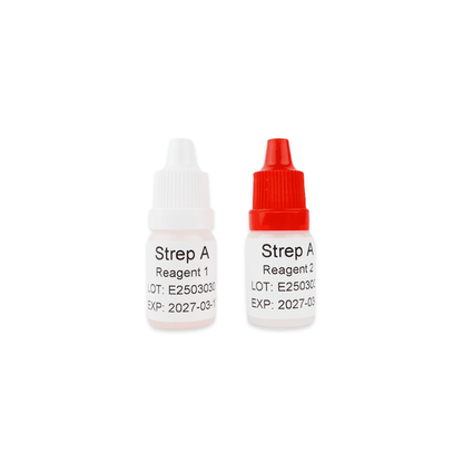 Two vials from the Altruan Strep A - Bisaf Professional 25 Test Kit, labeled "Strep A Reagent 1" (white cap) and "Strep A Reagent 2" (red cap), display the lot and expiration dates for the rapid throat swab test.