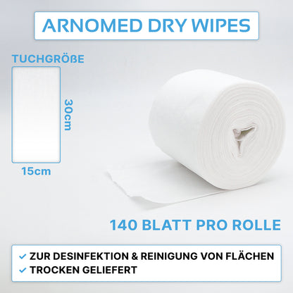 ARNOWA GmbH offers with the ARNOMED DRY WIPES dry non-woven cloth rolls, 30x15cm, 140 sheets per roll, ideal, lint-free cloths for cleaning and surface disinfection.