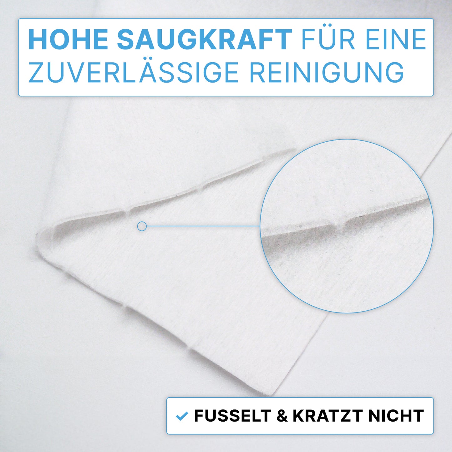 A close-up of ARNOMED DRY WIPES by ARNOWA GmbH shows the textured, lint-free cleaning cloth with magnification. The German text highlights "High absorbency for reliable cleaning" and "Does not lint & scratch".