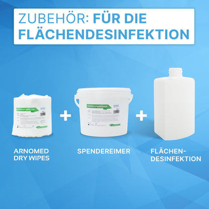 Depicted are three items: ARNOMED DRY WIPES by ARNOWA GmbH, a white dispenser bucket, and a surface disinfectant bottle on a blue, geometric background. The German text describes them as accessories for surface disinfection.